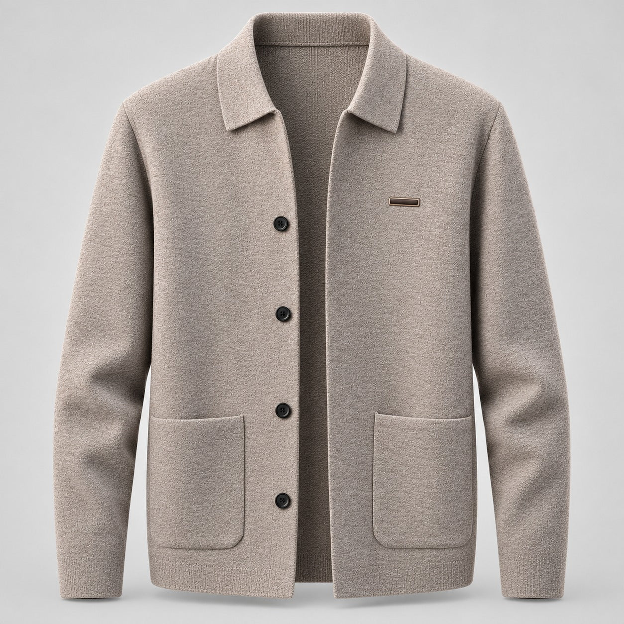 Shirt-Collar Knit Cardigan, Button Front – Men – Stone – front