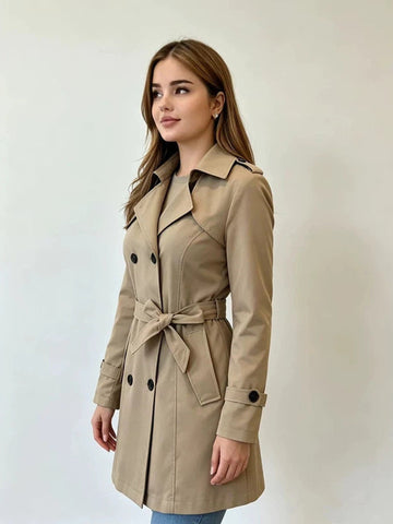 Short Double-Breasted Belted Trench Coat – Women – Beige – worn