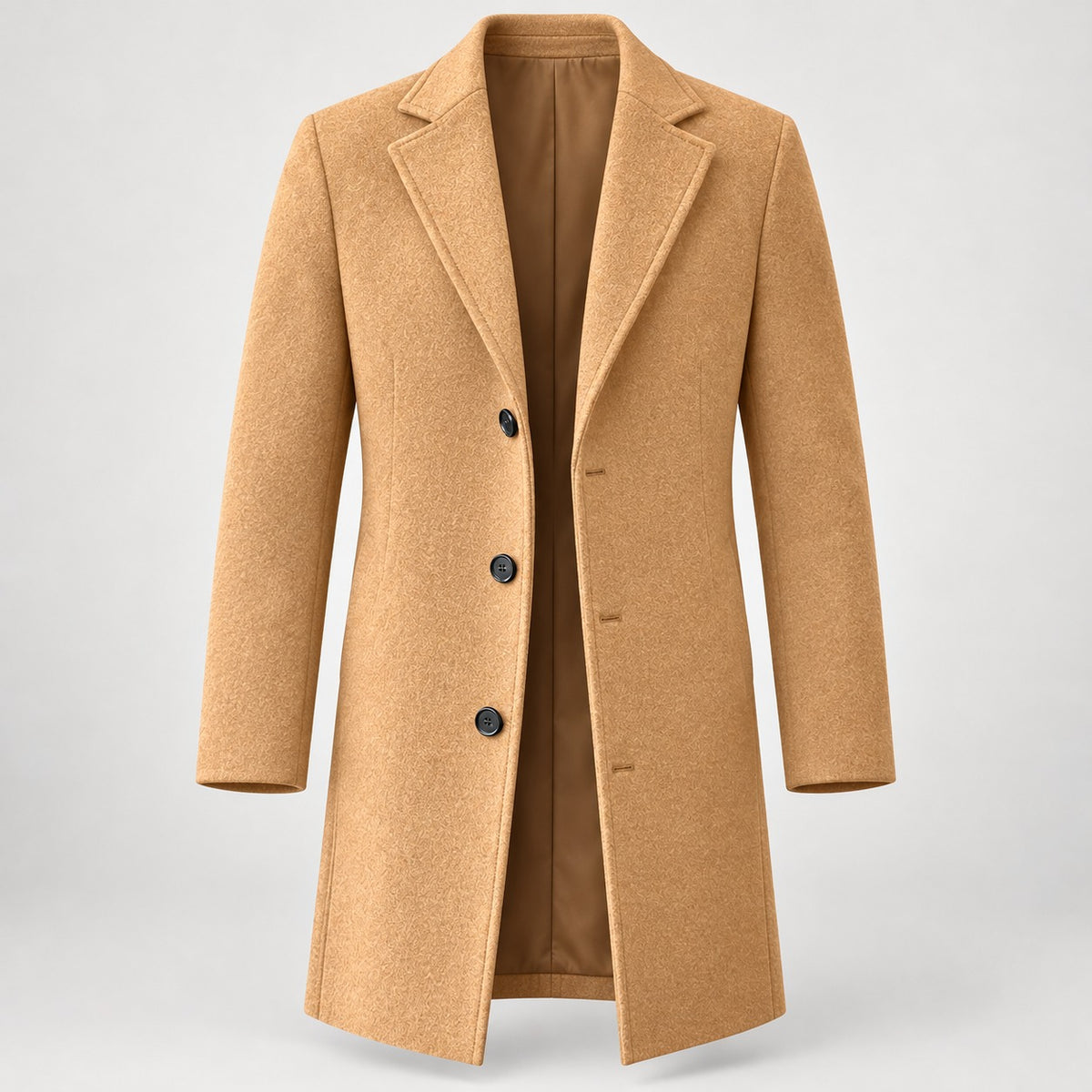 Single-Breasted Mid-Length Coat, Wool-Look – Men – Camel – front