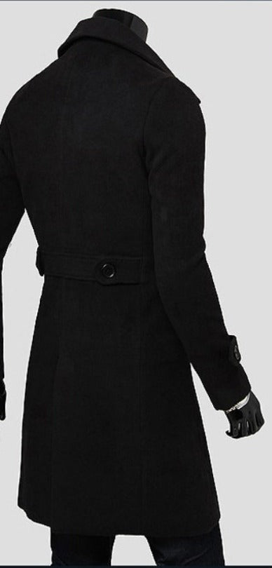 Slim Double-Breasted Long Coat – Men – Black – back