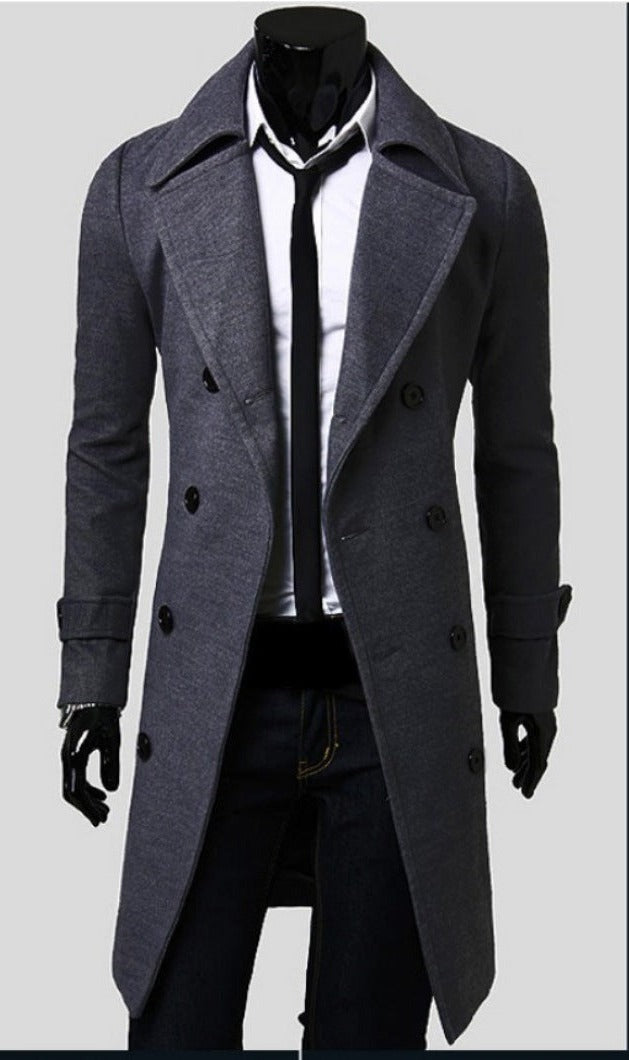Slim Double-Breasted Long Coat – Men – Charcoal – front