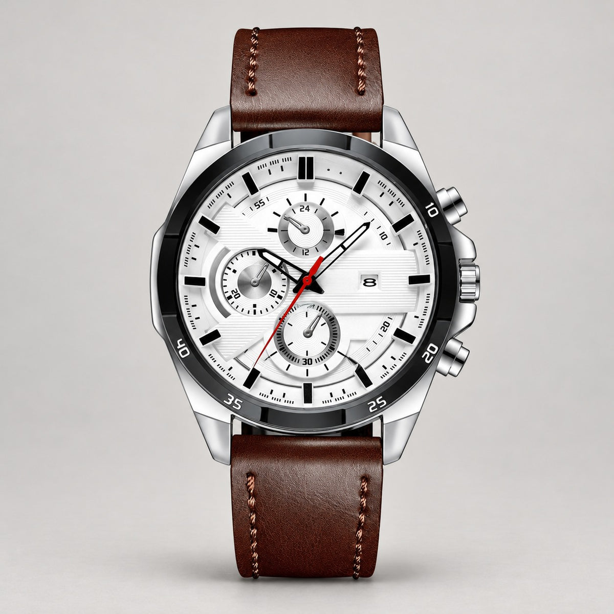 Sport Chronograph Watch, Leather or Steel – Men – Silver · White Dial · Brown Leather – front