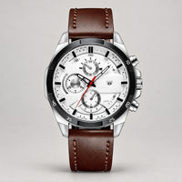 Sport Chronograph Watch, Leather or Steel – Men – Silver · White Dial · Brown Leather – front