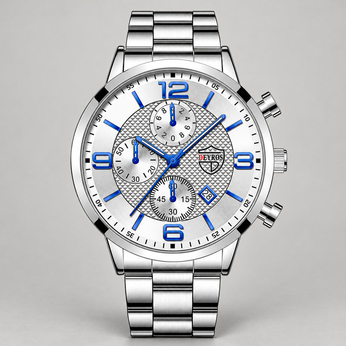 Stainless Steel Chronograph Watch – Men – Silver · White Dial · Steel Bracelet – front