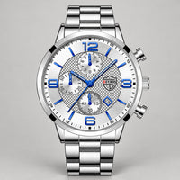 Stainless Steel Chronograph Watch – Men – Silver · White Dial · Steel Bracelet – front