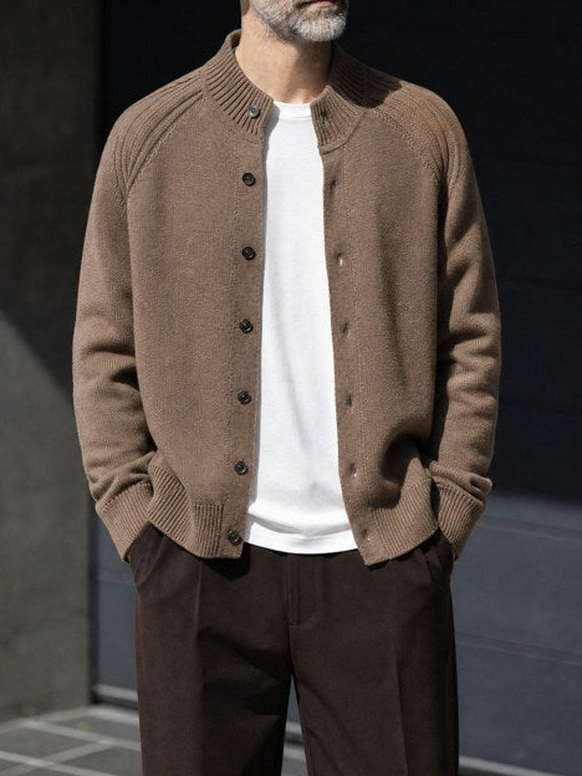 57.7% Acrylic, 42.3% Cotton Stand-Collar Cardigan – Men – Tan – worn