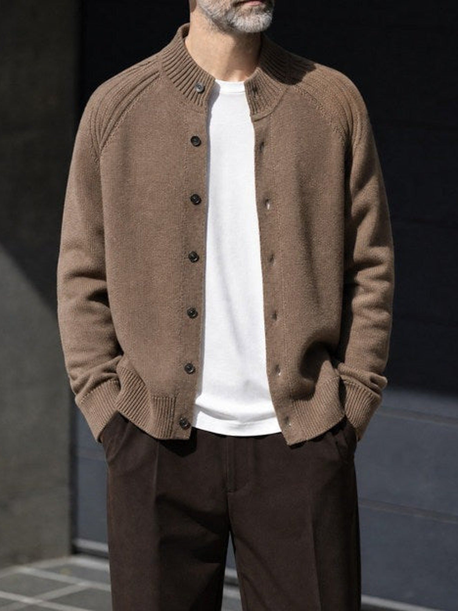 57.7% Acrylic, 42.3% Cotton Stand-Collar Cardigan – Men – Tan – worn