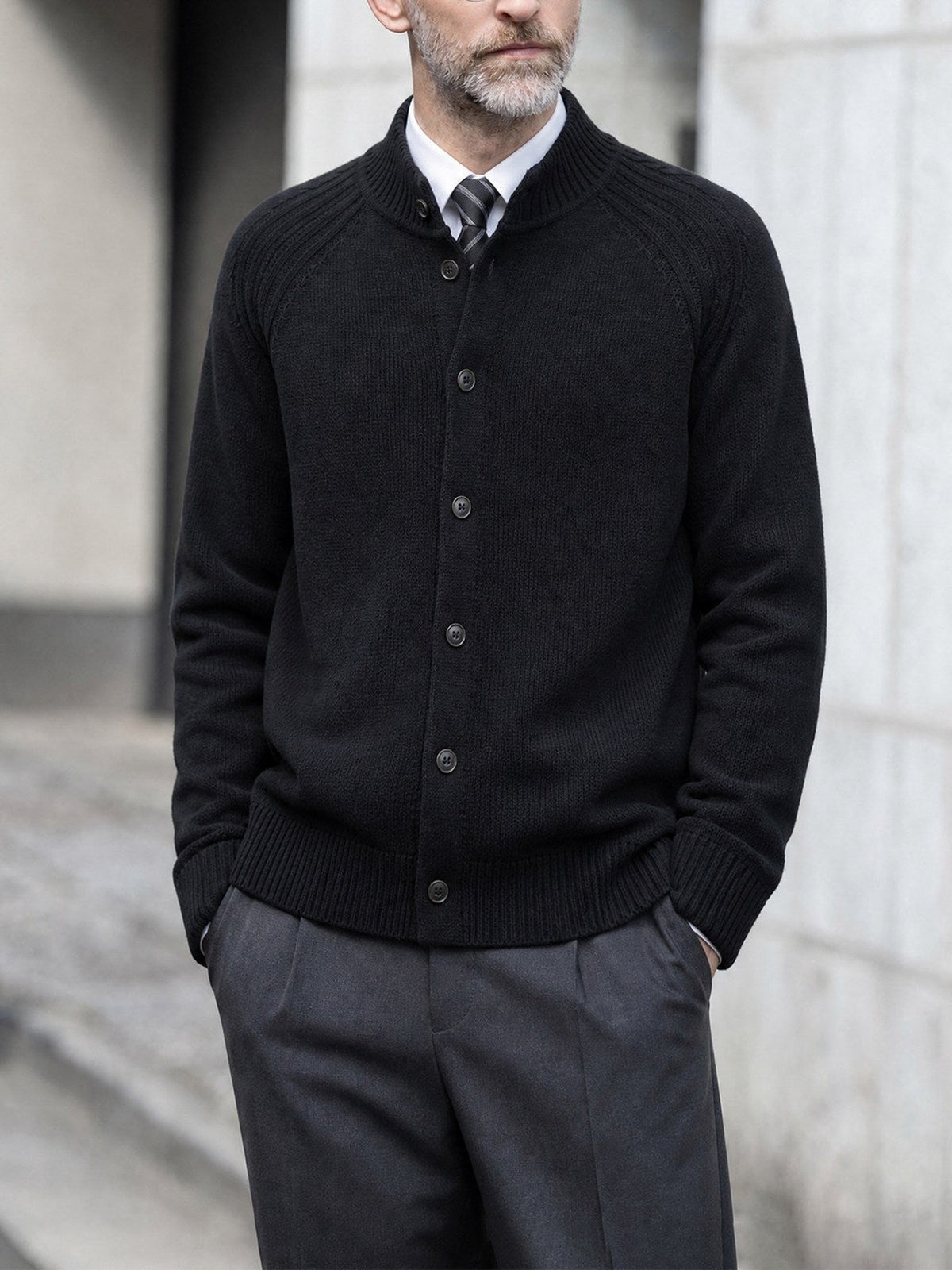 57.7% Acrylic, 42.3% Cotton Stand-Collar Cardigan – Men – Black – worn