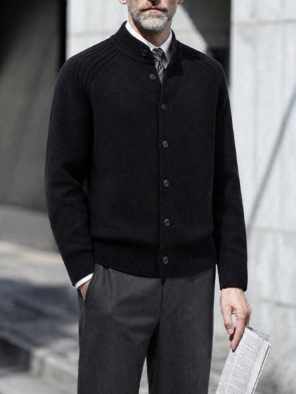 57.7% Acrylic, 42.3% Cotton Stand-Collar Cardigan – Men – Black – worn