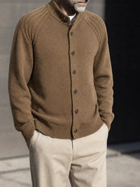 57.7% Acrylic, 42.3% Cotton Stand-Collar Cardigan – Men – Brown – worn