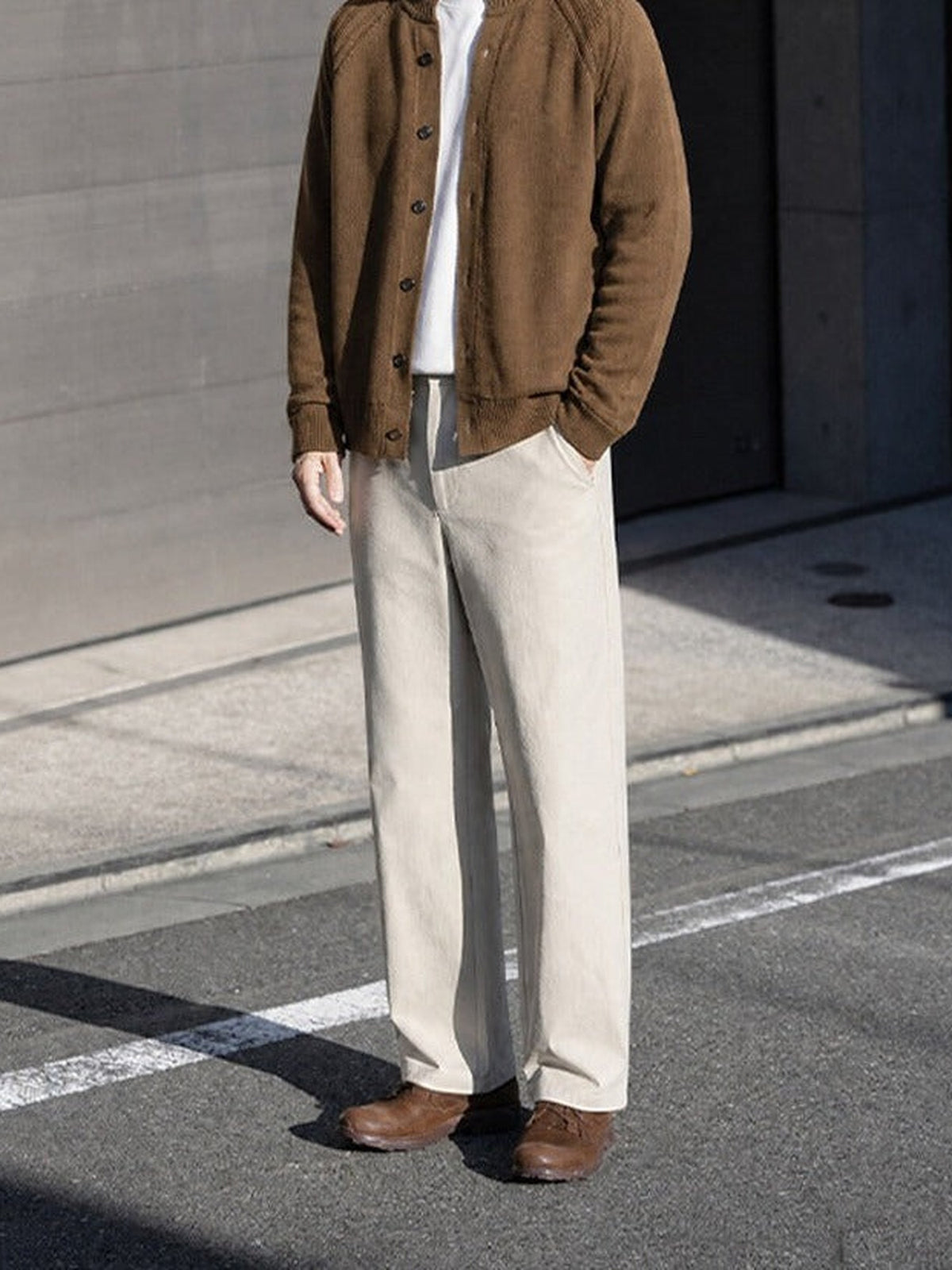 57.7% Acrylic, 42.3% Cotton Stand-Collar Cardigan – Men – Brown – worn, full length