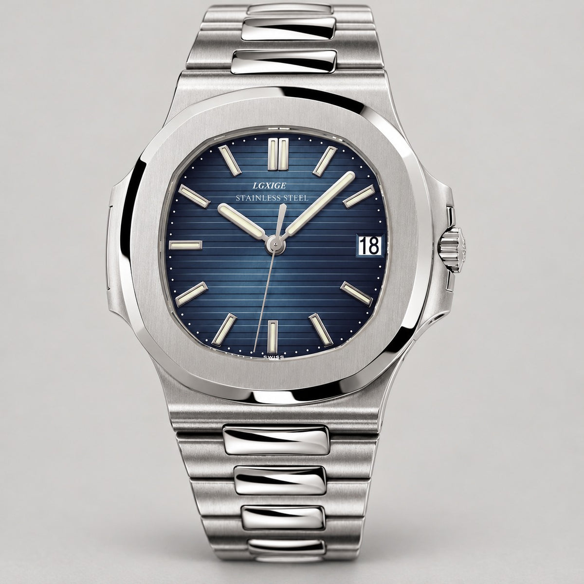 Steel Integrated-Bracelet Watch, Sapphire Glass – Men – Steel · Blue Dial – front