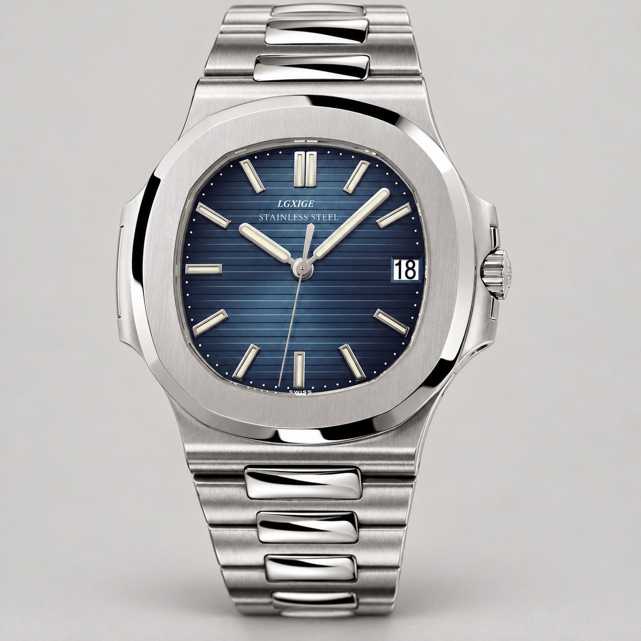 Steel Integrated-Bracelet Watch, Sapphire Glass – Men – Steel · Blue Dial – front