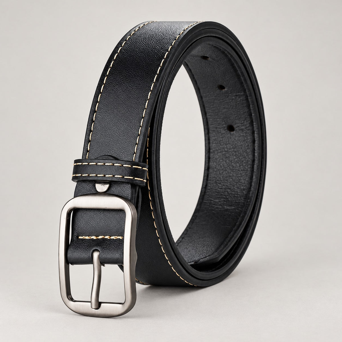Stitched Leather-Look Belt – Men – Black · Cream Stitching – front