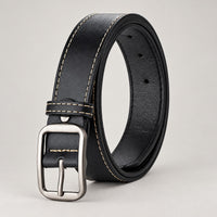Stitched Leather-Look Belt – Men – Black · Cream Stitching – front