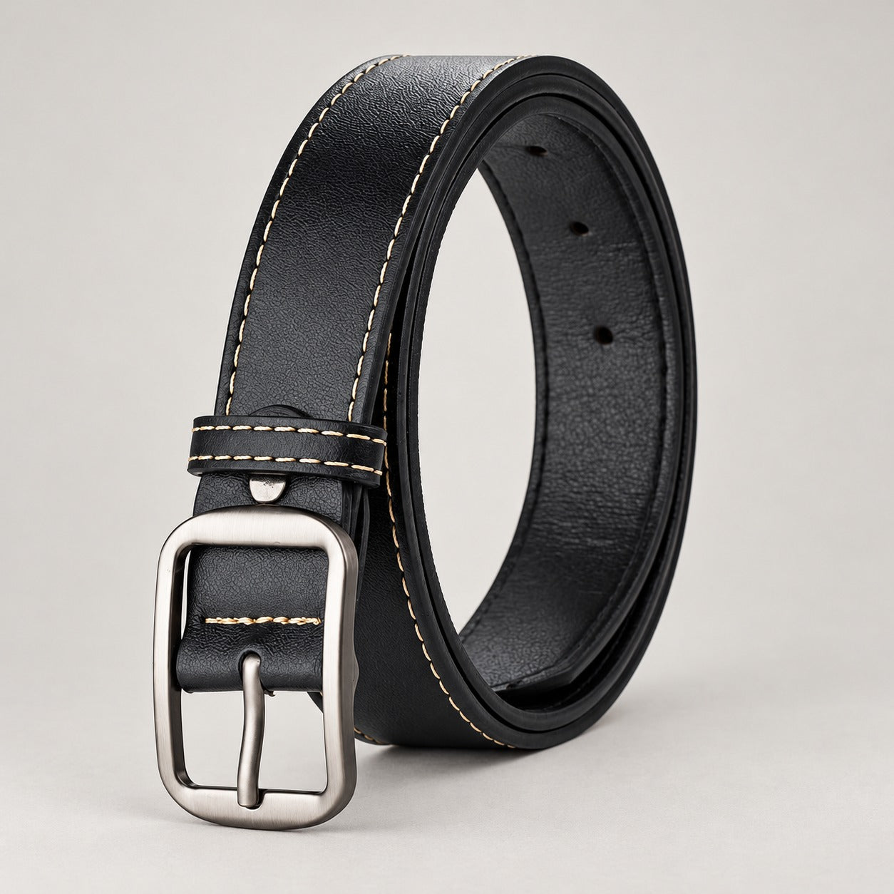 Stitched Leather-Look Belt – Men – Black · Cream Stitching – front