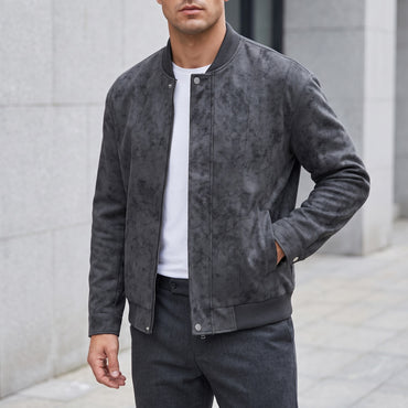 Suede-Look Baseball-Collar Jacket – Men – Charcoal – worn