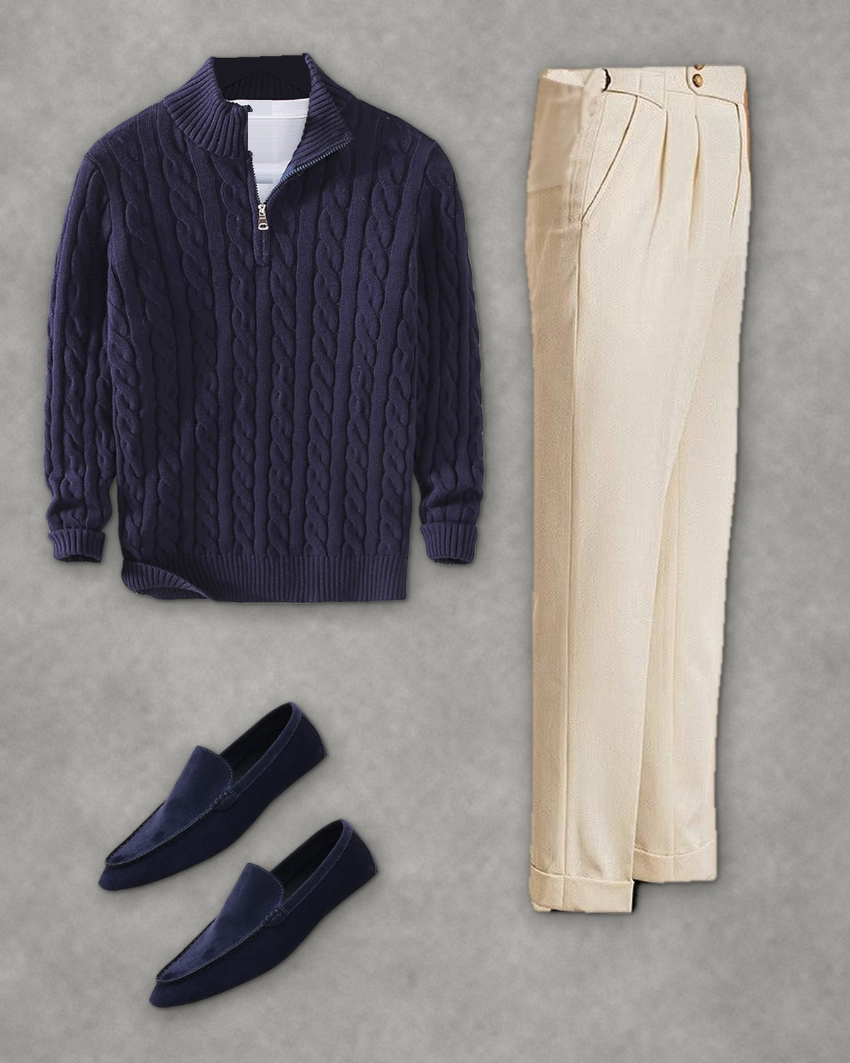 Taebaek Cable Zip — Old Money Autumn Look – flat-lay of the 3 pieces