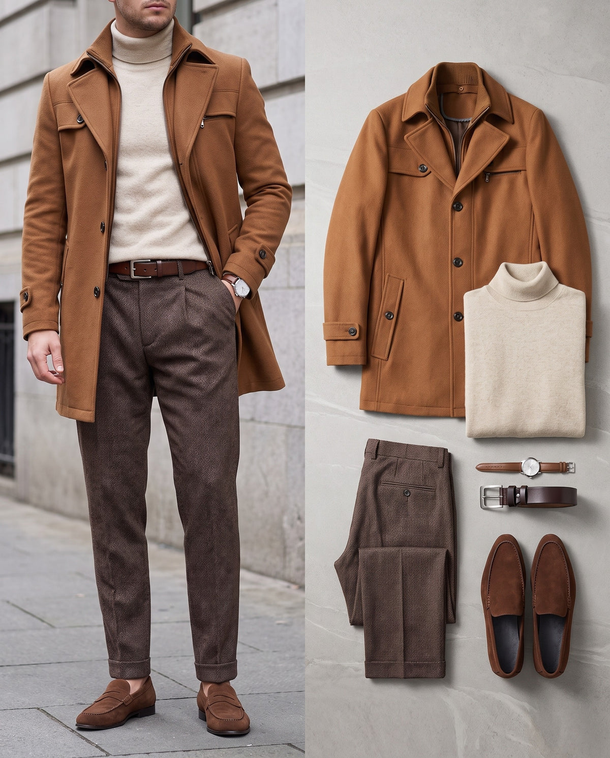 The Camel Coat – the complete Look worn, and its 6 pieces laid flat