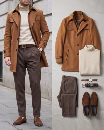 The Camel Coat – the complete Look worn, and its 6 pieces laid flat