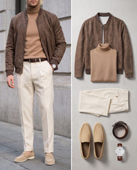The Suede Hour – the complete Look worn, and its 6 pieces laid flat