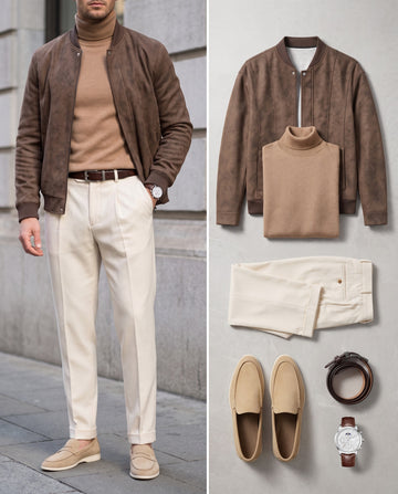 The Suede Hour – the complete Look worn, and its 6 pieces laid flat