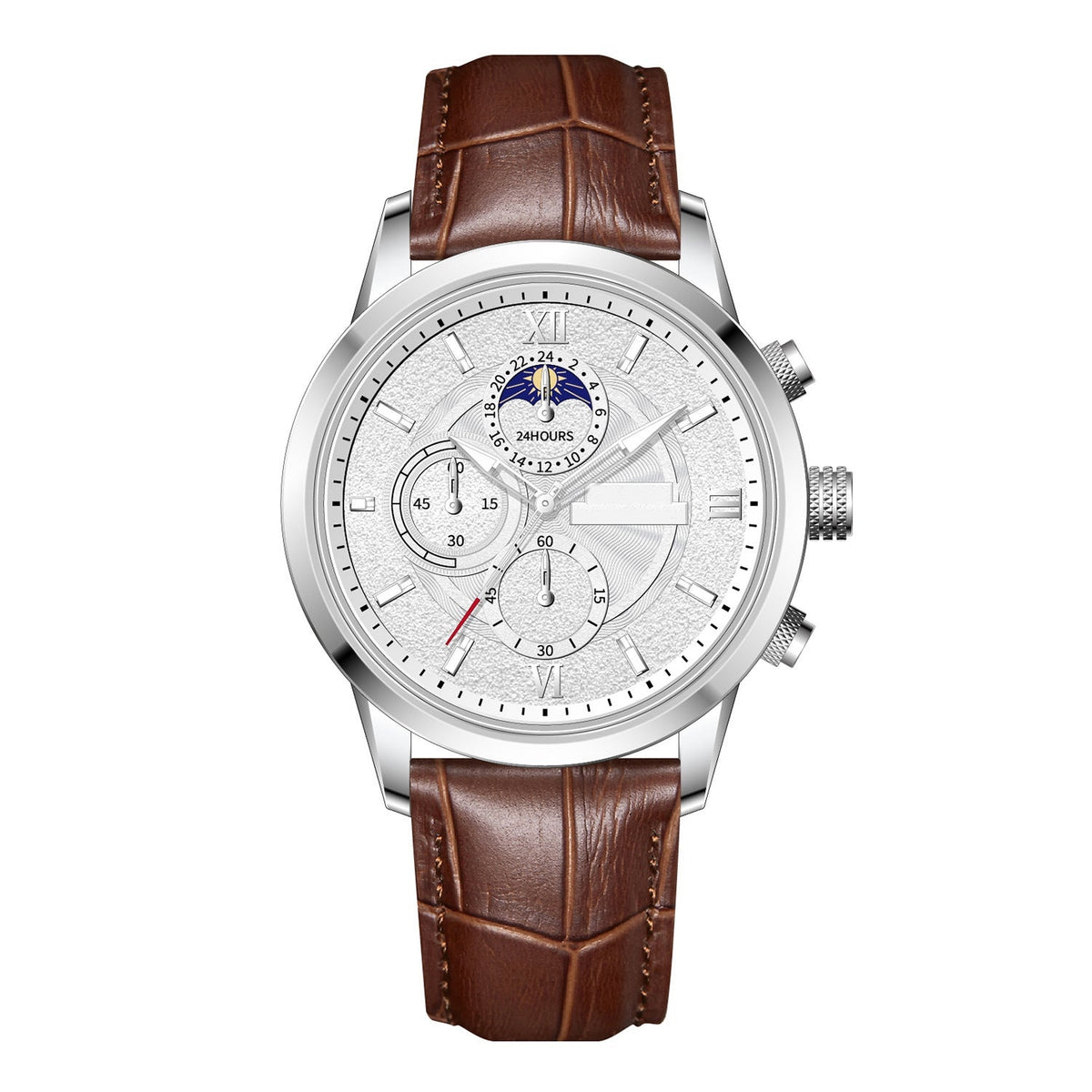 The Suede Hour — Old Money Autumn Look – moon-phase chronograph watch, brown leather strap