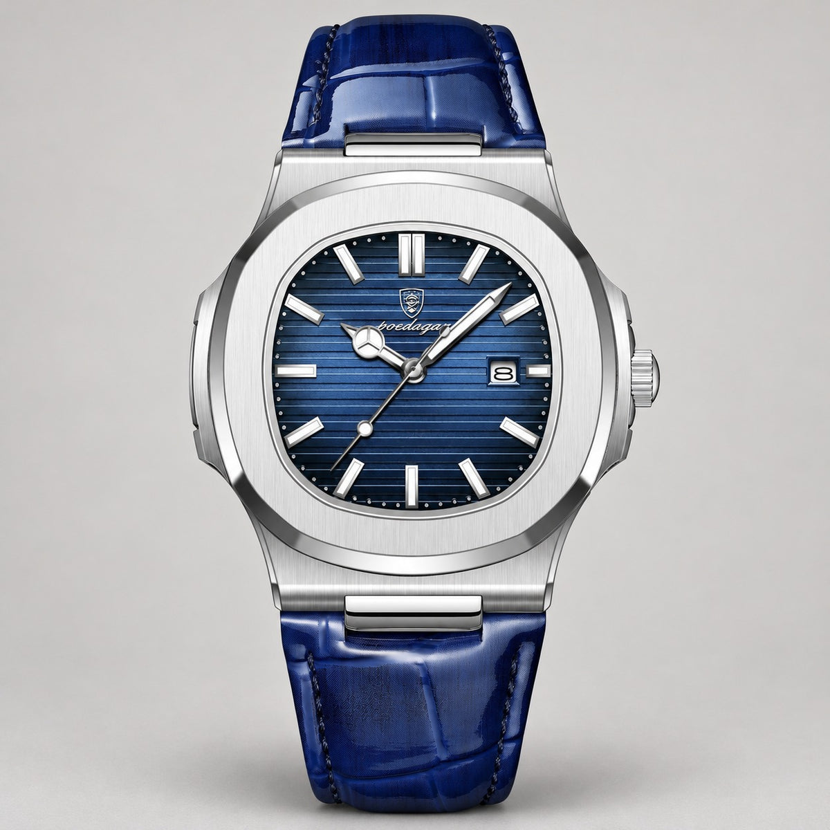 Ultra-Thin Cushion Watch, Leather Strap – Men – Silver · Blue Dial · Blue Leather – front