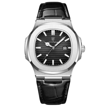 Ultra-Thin Cushion Watch, Leather Strap – Men – Silver · Black Dial · Black Leather – front