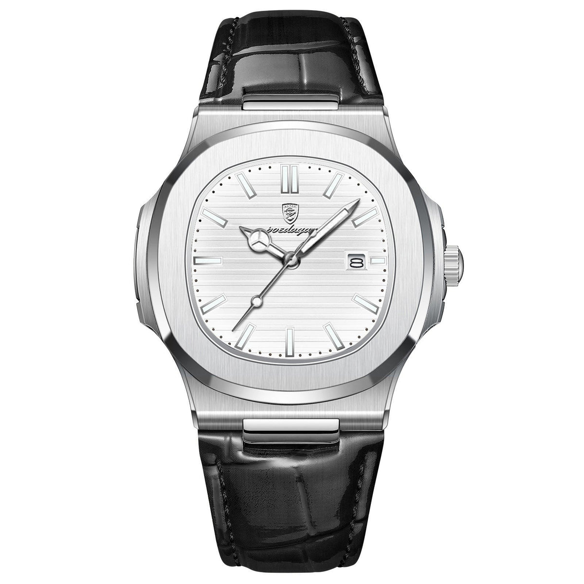 Ultra-Thin Cushion Watch, Leather Strap – Men – Silver · White Dial · Black Leather – front