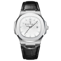 Ultra-Thin Cushion Watch, Leather Strap – Men – Silver · White Dial · Black Leather – front