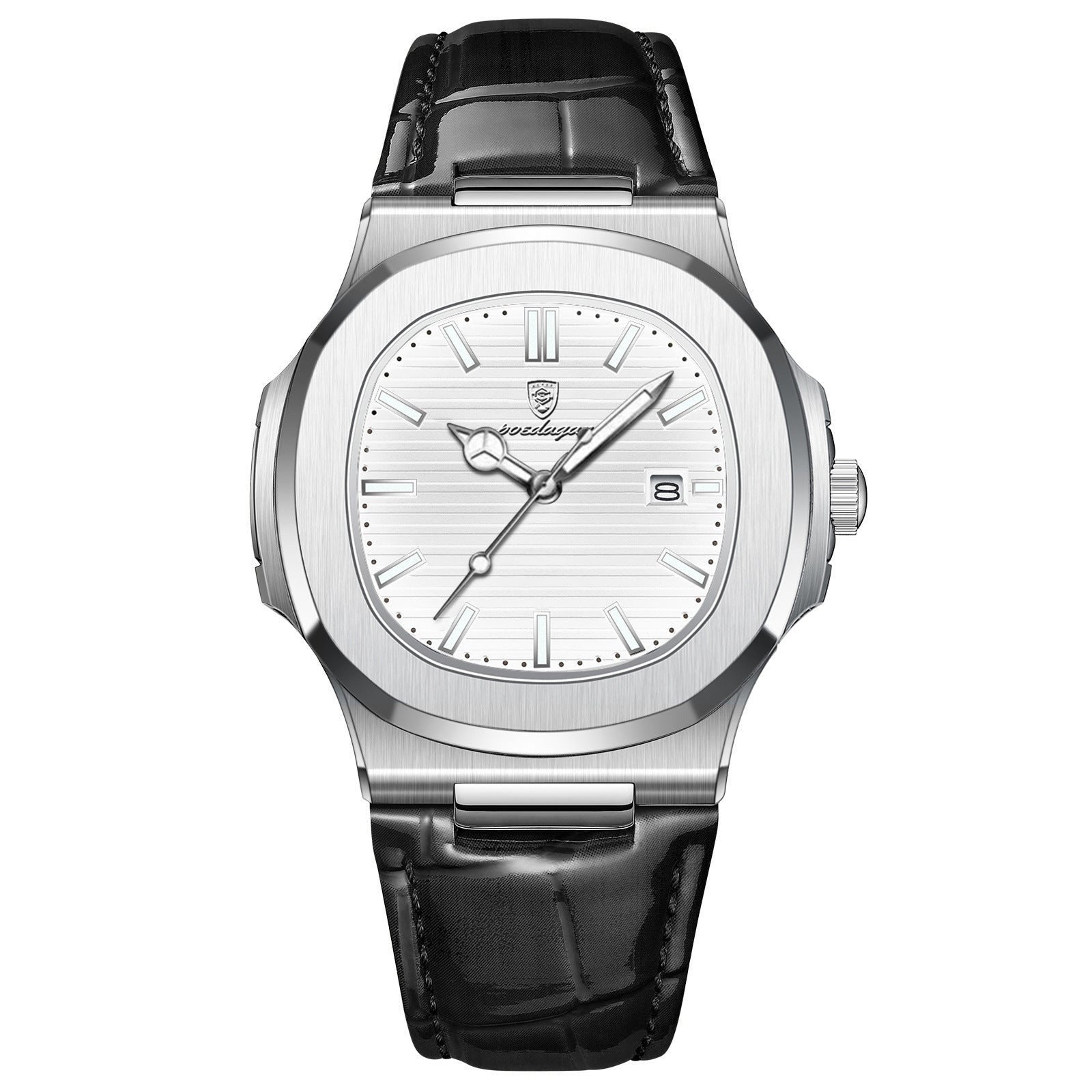 Ultra-Thin Cushion Watch, Leather Strap – Men – Silver · White Dial · Black Leather – front