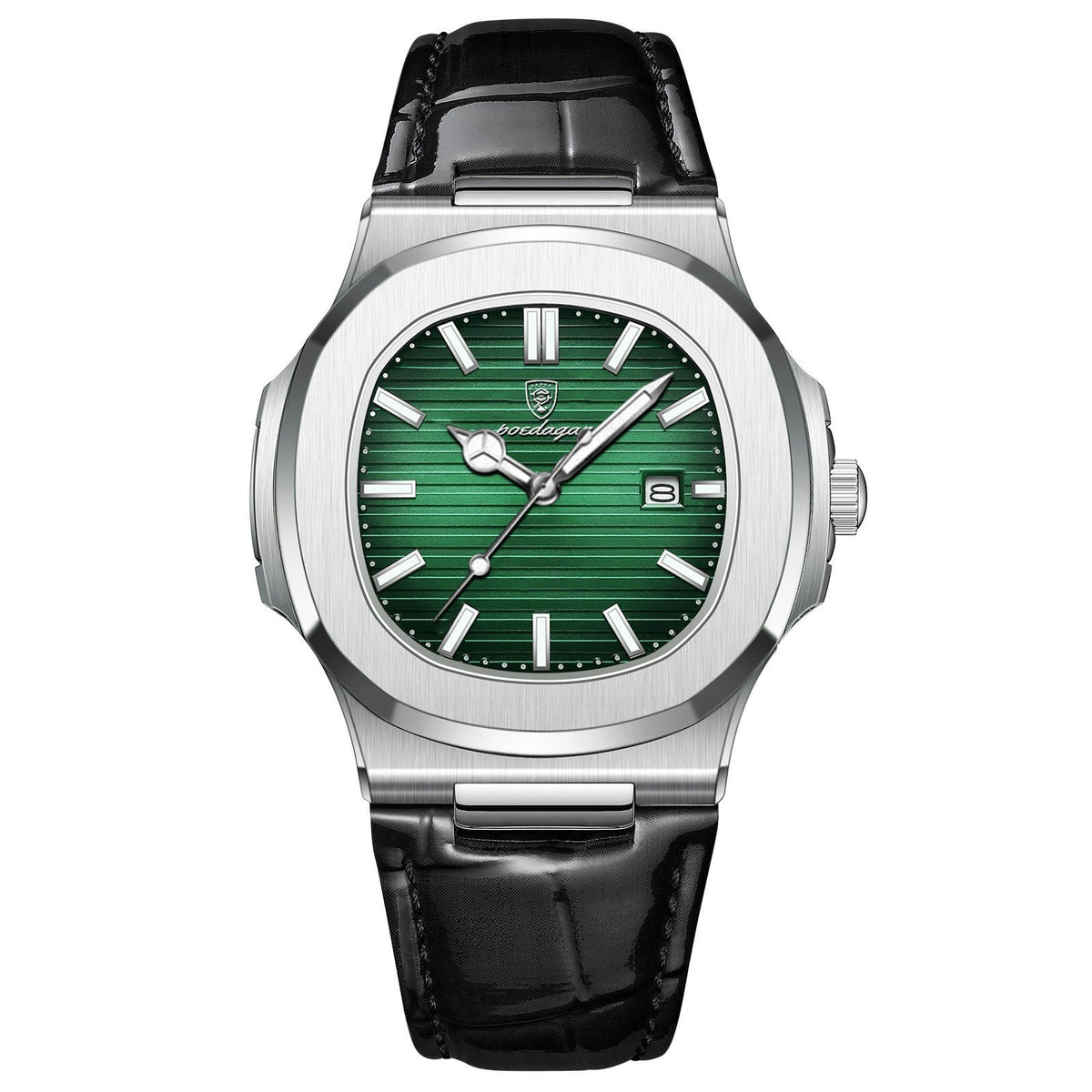 Ultra-Thin Cushion Watch, Leather Strap – Men – Silver · Green Dial · Black Leather – front