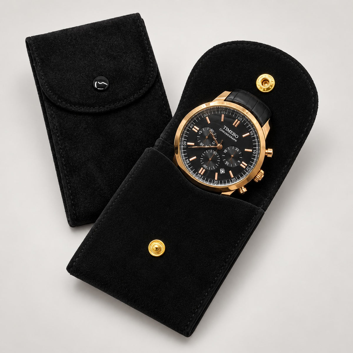 Velvet Watch Pouch, Snap Closure – Men – Black – with a watch