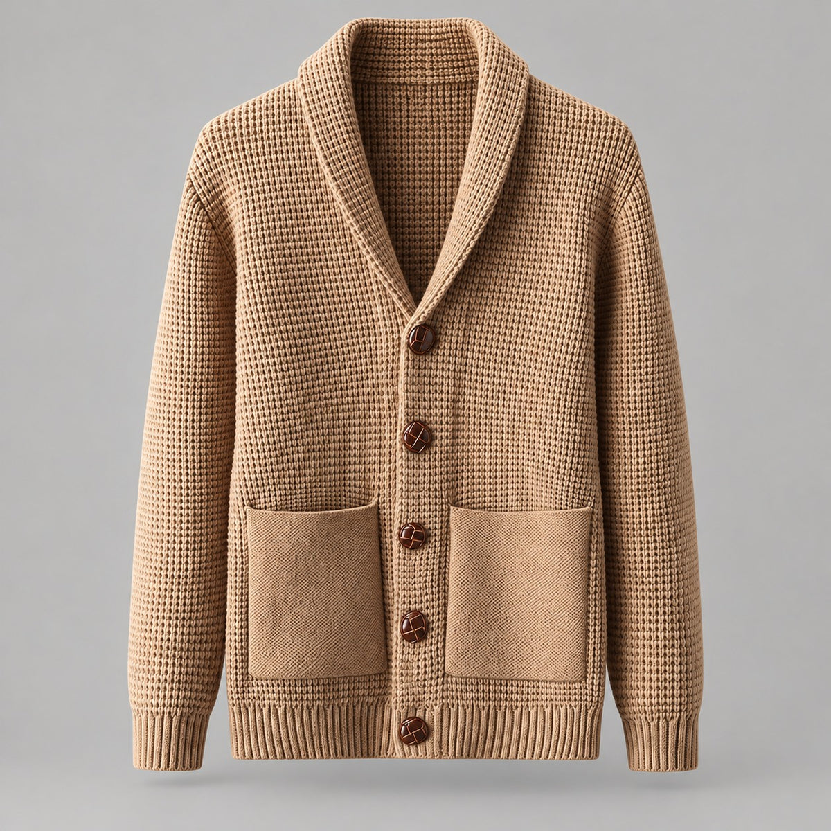 Waffle-Knit Shawl Collar Cardigan – Men – Camel – front