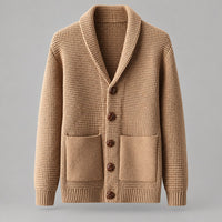 Waffle-Knit Shawl Collar Cardigan – Men – Camel – front