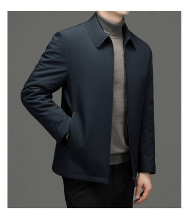 Duck Down Zip Jacket, Point Collar – Men – Navy – worn, side