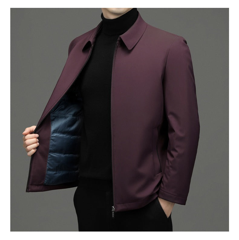 Duck Down Zip Jacket, Point Collar – Men – Burgundy – down lining