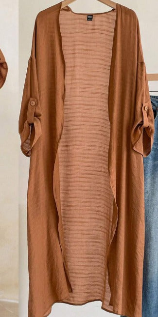 65% Viscose Long Open Kimono Duster – Women – Brown – front, on hanger