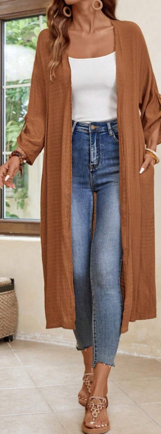 65% Viscose Long Open Kimono Duster – Women – Brown – worn, walking