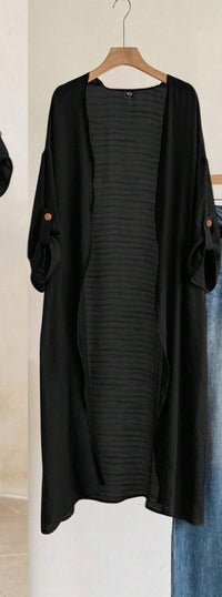 65% Viscose Long Open Kimono Duster – Women – Black – front, on hanger