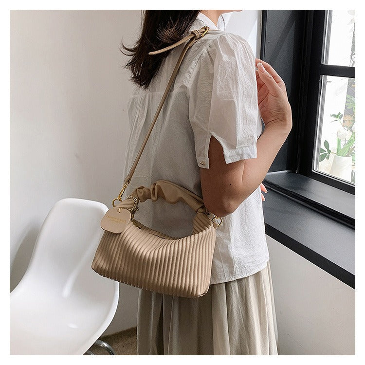 Pleated Faux-Leather Shoulder Bag – Women – Beige – worn, shoulder