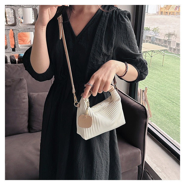 Pleated Faux-Leather Shoulder Bag – Women – Cream – worn, crossbody