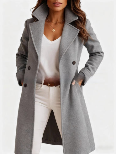 30–35% Wool Long Double-Breasted Coat – Women – Grey – worn