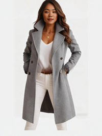 30–35% Wool Long Double-Breasted Coat – Women – Grey – worn