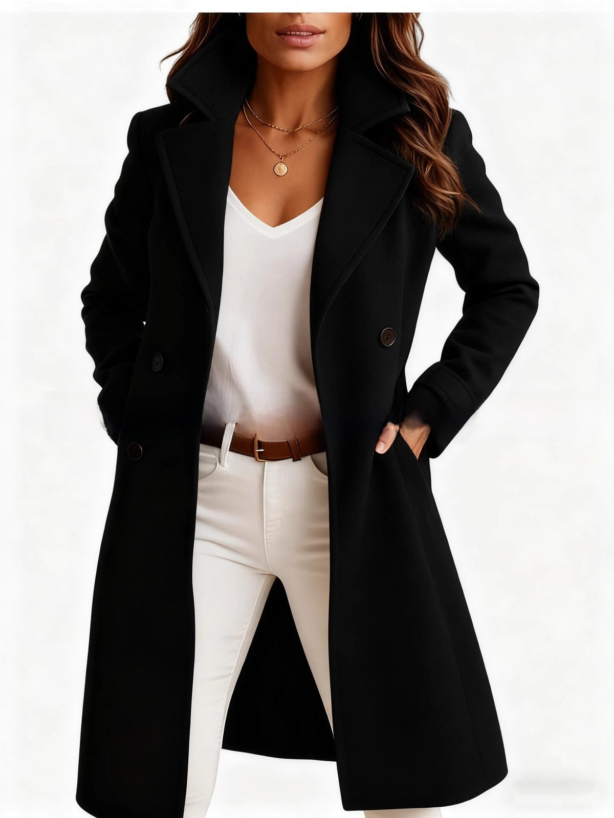 30–35% Wool Long Double-Breasted Coat – Women – Black – worn