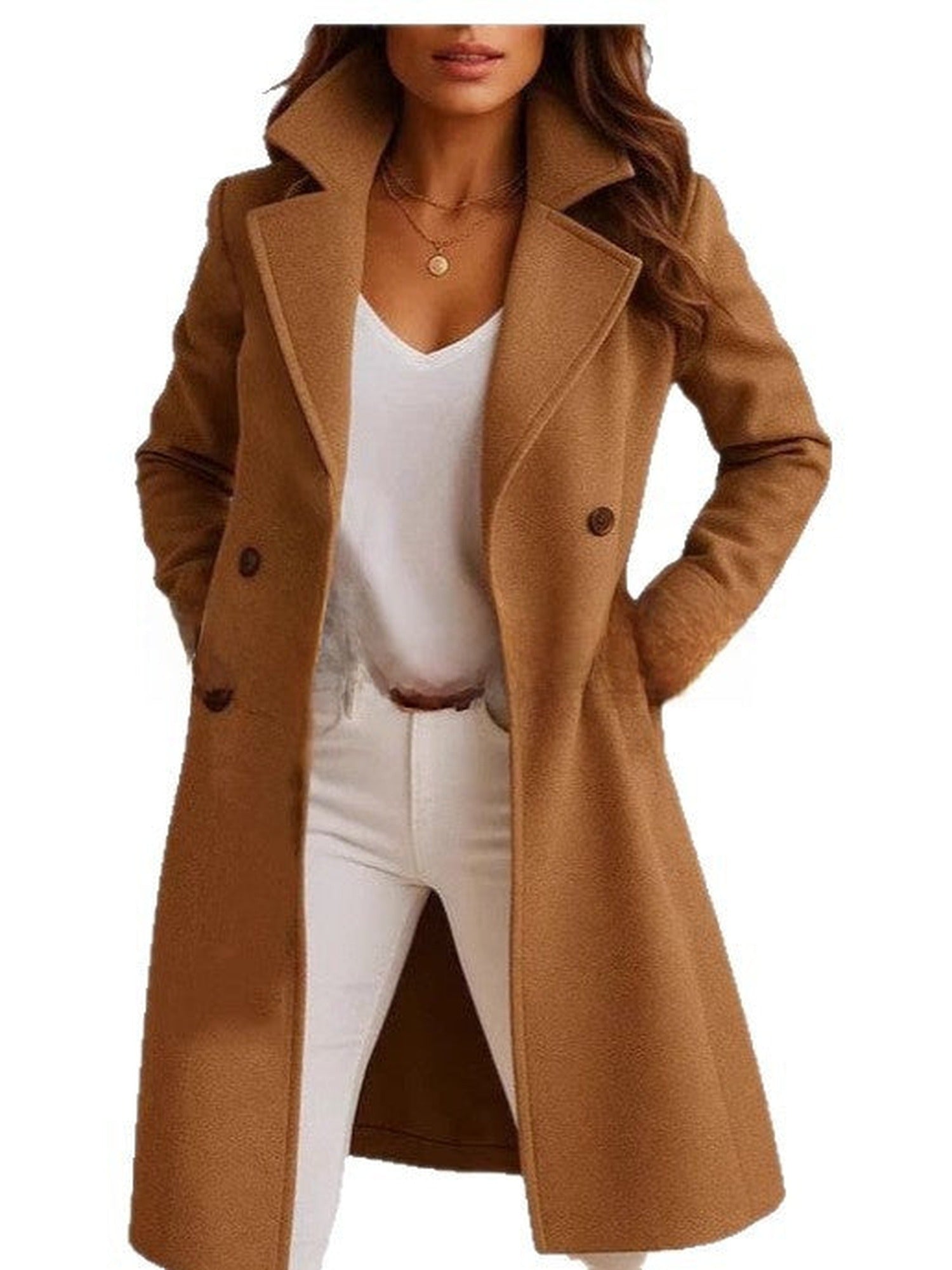 30–35% Wool Long Double-Breasted Coat – Women – Camel – worn