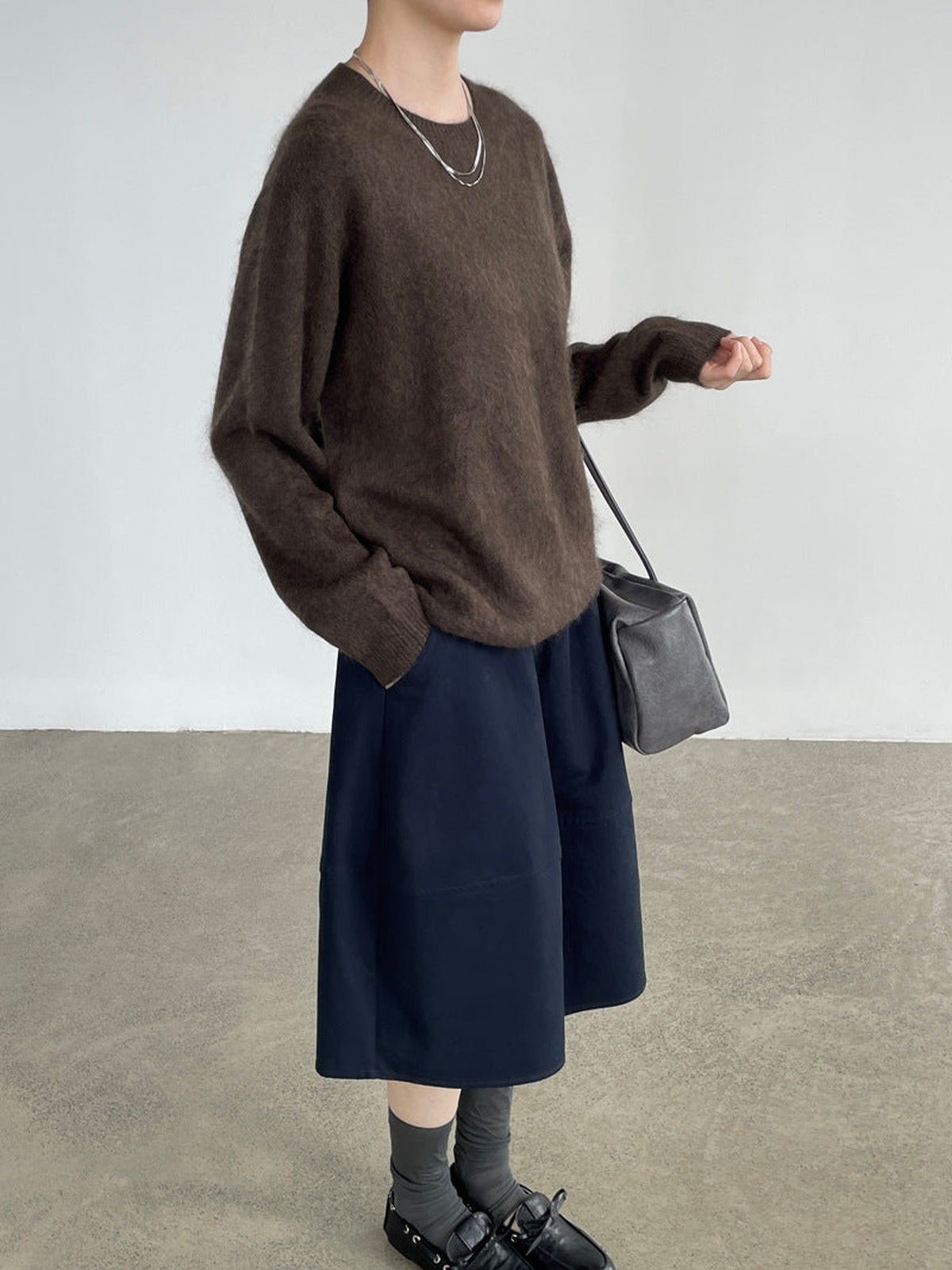 90% Wool, 5% Cashmere, 5% Silk Crew-Neck Sweater – Women – Chocolate – worn