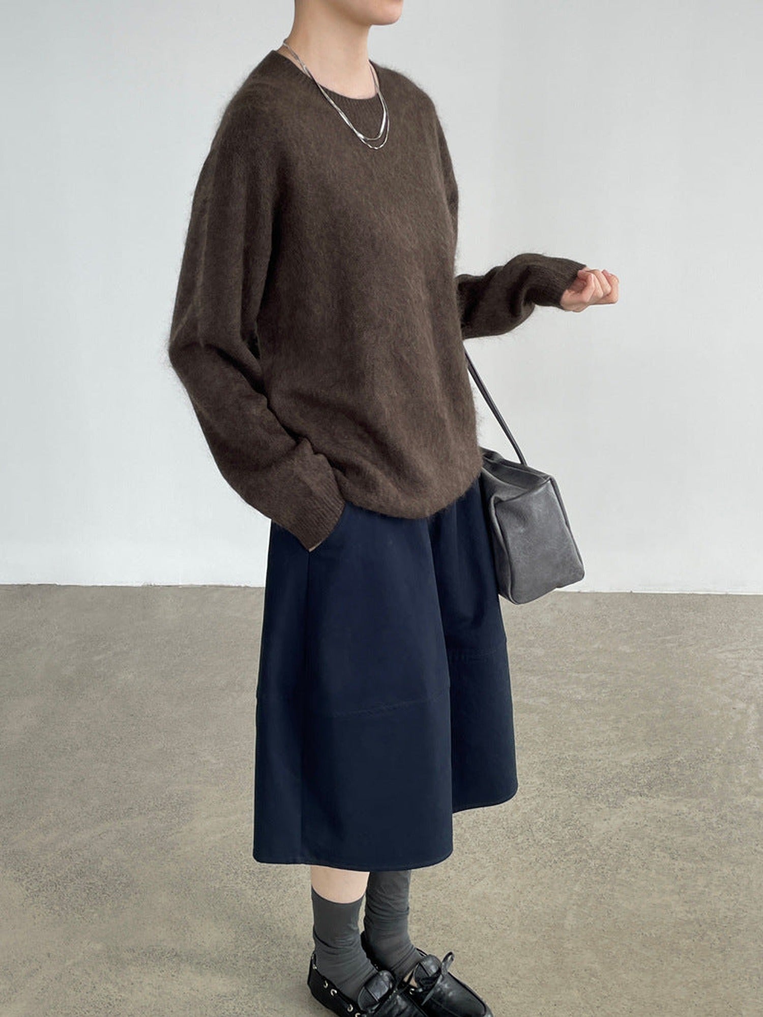 90% Wool, 5% Cashmere, 5% Silk Crew-Neck Sweater – Women – Chocolate – worn