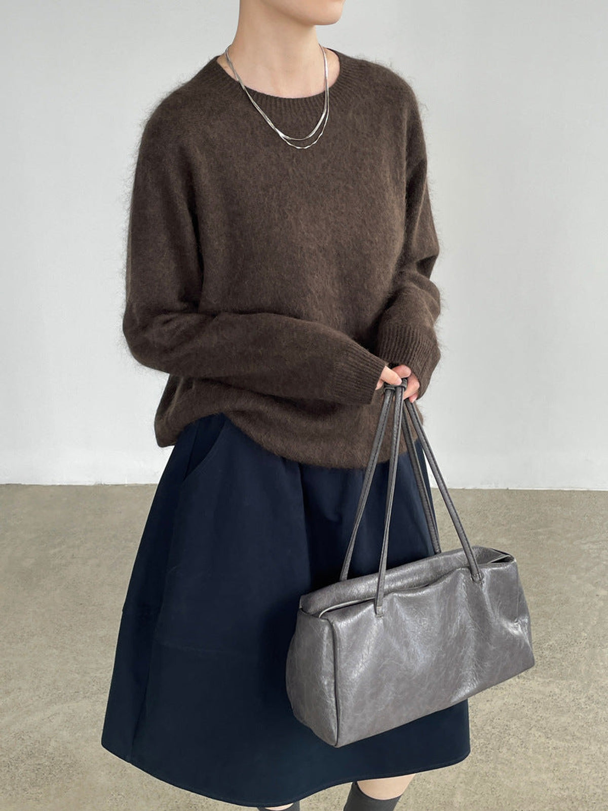 90% Wool, 5% Cashmere, 5% Silk Crew-Neck Sweater – Women – Chocolate – worn